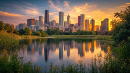 Obraz premium beautiful city skyline at sunset reflecting on calm water