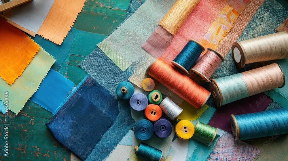 Poster a collection of colorful thread spools and fabric swatches spread across a table, showcasing the ear