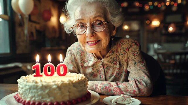 Centenarian Woman Celebrating 100th Birthday with Cake and Candles, Warm Vintage Setting. Elderly woman holding birthday cake