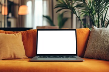 A laptop in the middle with a blank white screen on a cozy minimalistic setting, mockup professional product photography shot, technology