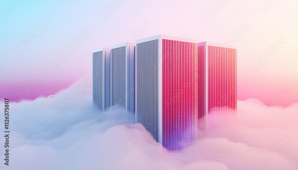 Poster a futuristic building emerges from colorful clouds, creating a surreal atmosphere with vibrant hues 