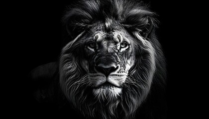 Naklejka premium Majestic black and white lion portrait, intense gaze, powerful symbolism, wildlife awareness