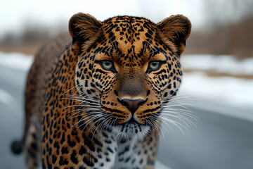 Naklejka premium Majestic leopard with piercing blue eyes, walking on a road.
