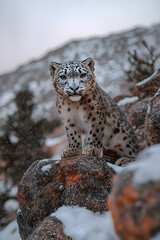 Fototapeta premium Majestic snow leopard perched on rocks in a snowy mountain landscape.