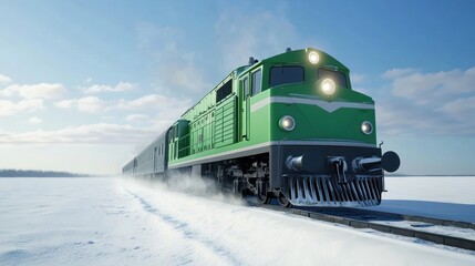 Obraz premium Green train on snowy track.