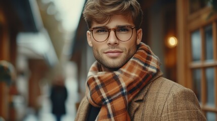 Obraz premium A man wearing glasses and a plaid scarf stands in front of a building. He looks confident and stylish