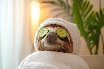 cute sloth wearing white towel and cucumber on eyes doing spa treatment,modern spa salon background with copy space , banner for beauty salon concept, pet fashion design studio,wellness, relaxation an