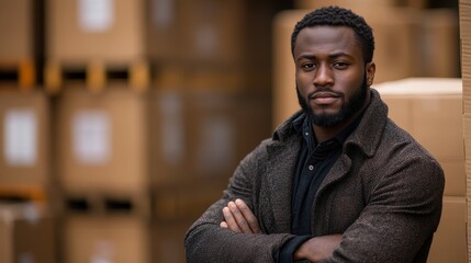 Fototapeta premium A man with a beard and a black jacket stands in front of a stack of cardboard boxes. He is looking at the camera with a serious expression