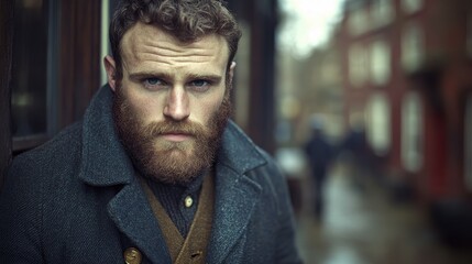 Fototapeta premium A man with a beard and a black coat is standing in front of a building. He looks serious and focused