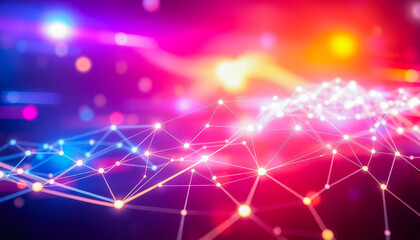 Fototapeta premium A colorful abstract digital network illustration featuring glowing nodes and connecting lines, symbolizing technology, innovation, and connectivity.