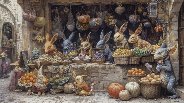 Vibrant intergalactic bazaar  diverse alien species engage in an extraterrestrial marketplace