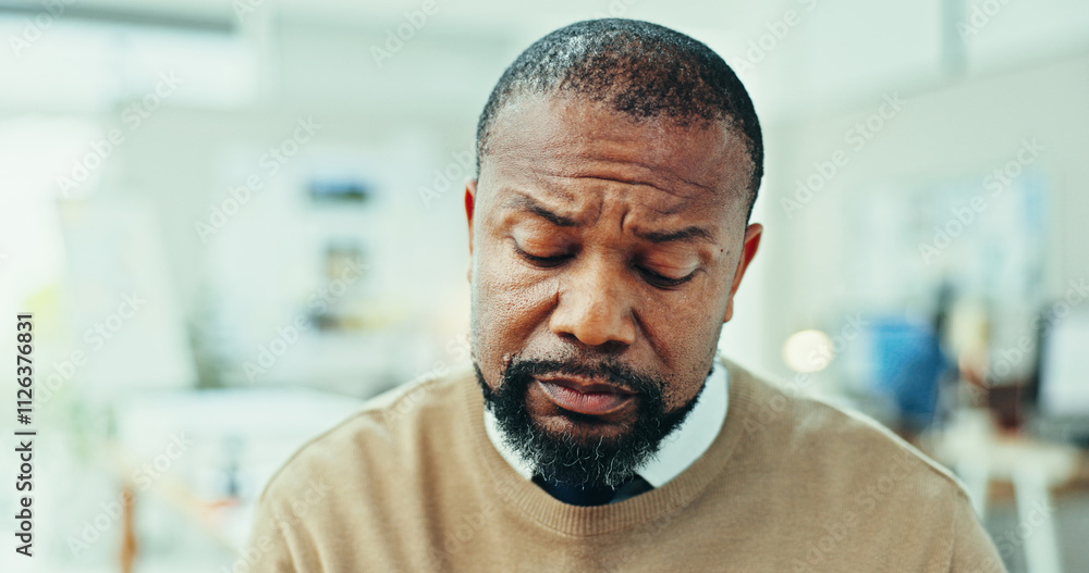 Poster office, thinking and face of mature black man with planning, concentration and inspiration for desig