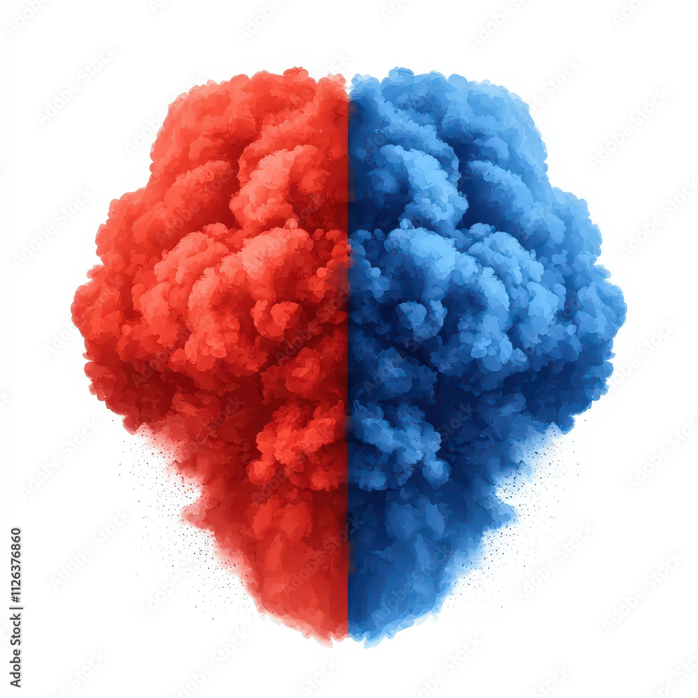 Poster vibrant red and blue smoke clouds merge in striking visual display, creating dynamic contrast that e