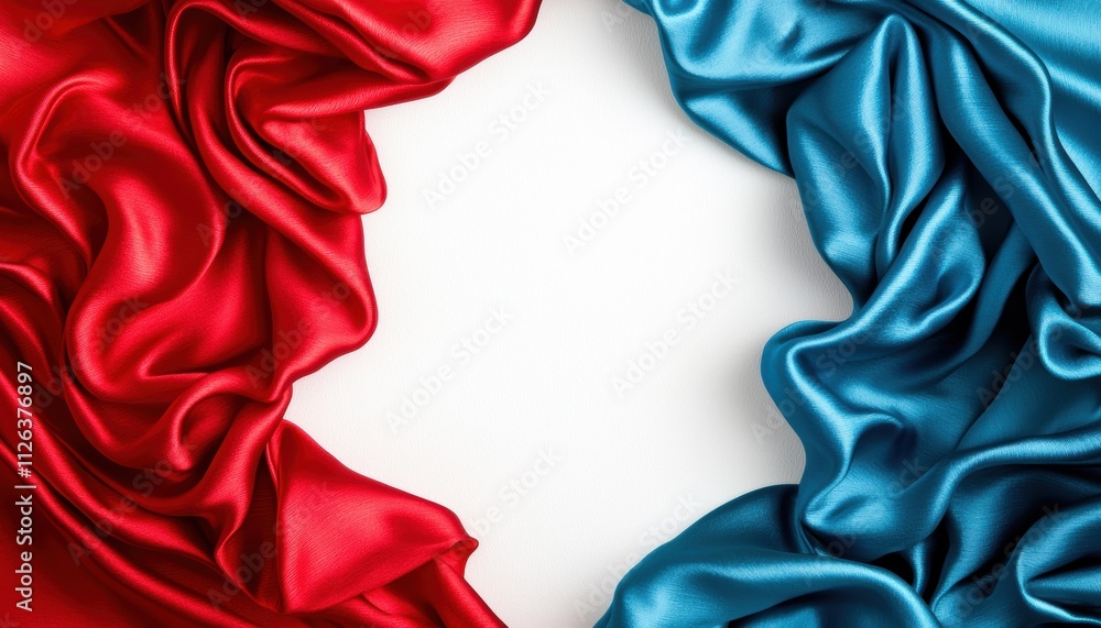Poster a vibrant display of red and blue satin fabric, elegantly draped and forming a frame around an empty