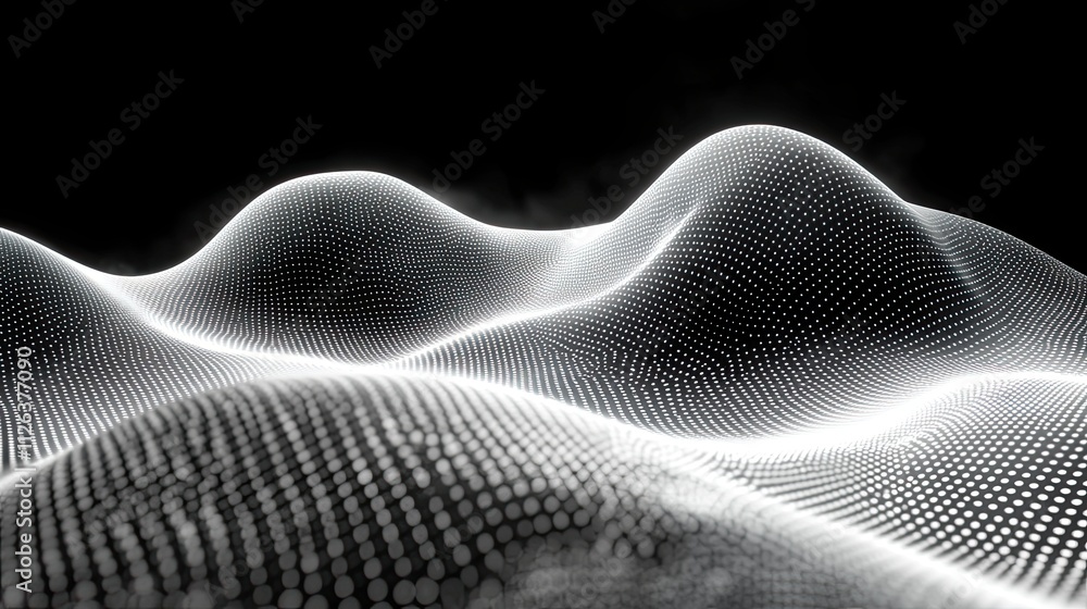 Poster digital landscape with flowing patterns and abstract textured surfaces in a dark environment