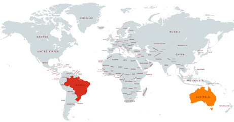 Obraz premium World Map Highlighting Australia and brazil in Colors