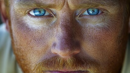 A man with a beard and blue eyes stares at the camera. The man's beard is unkempt and his eyes are deep blue, giving him a rugged, masculine appearance