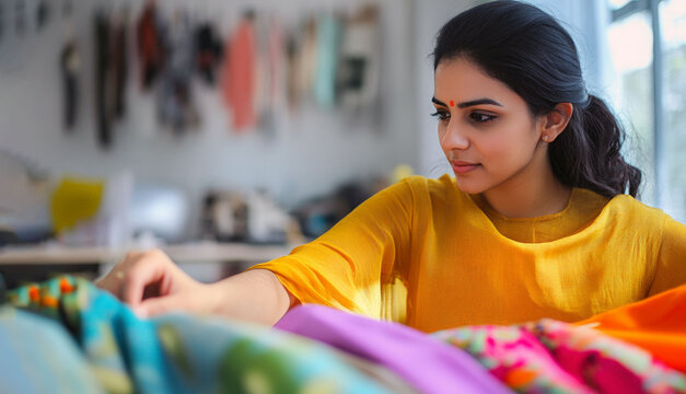 woman examines colorful yarn or textile samples in a textile or craft store.  She is considering textures and colors for a project.  creativity, hobby, craftsmanship, and small business.