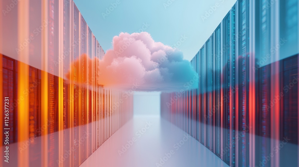 Poster a futuristic digital landscape featuring servers with a cloud overhead, symbolizing cloud computing 