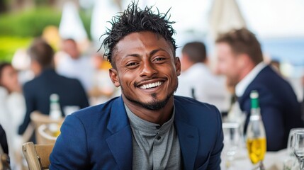 Fototapeta premium A man with a beard and dreadlocks is smiling at the camera. He is wearing a blue jacket and a gray shirt. There are several bottles and wine glasses on the table behind him