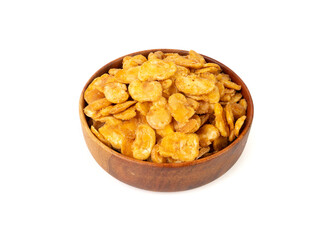 Roasted broad beans snack isolated, fried vicia faba, spicy legume, crispy big beans chips for salads