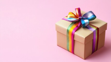 Fototapeta premium Colorful Rainbow Ribbon Gift Box on Pastel Pink Background