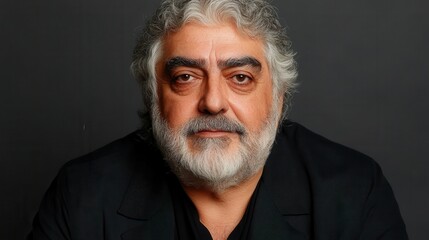 Obraz premium A man with a beard and gray hair is smiling. He is wearing a black jacket and a black shirt