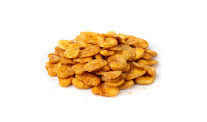 Roasted broad beans snack isolated, fried vicia faba, spicy legume, crispy big beans chips for salads