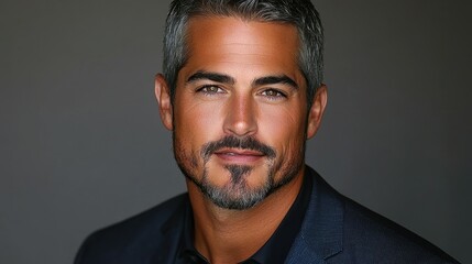 Obraz premium A man with a beard and gray hair is smiling for the camera. He is wearing a suit and tie