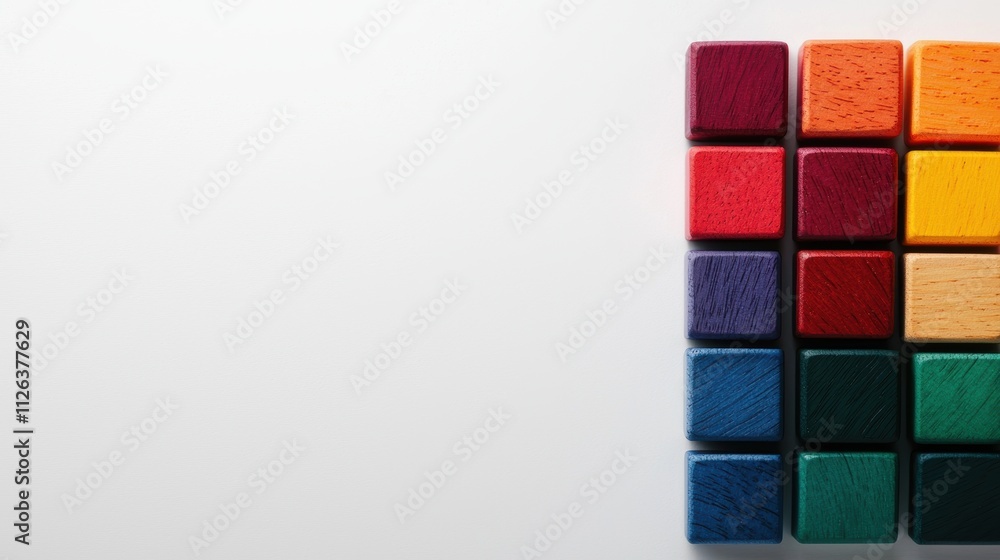 Poster colorful arrangement of wooden blocks in various shades, set against a blank background, creating a 