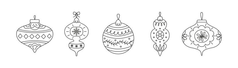Linear Christmas tree decorations, toys, balls, icicles. Outline patterned baubles. Hand drawn festive doodles and stickers. Vector illustration isolated on white background. Winter holiday season.