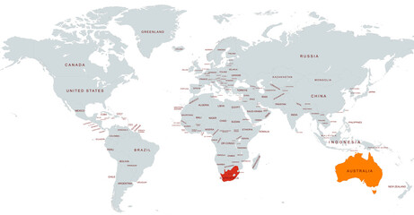 World Map Highlighting Australia and south africa in Colors