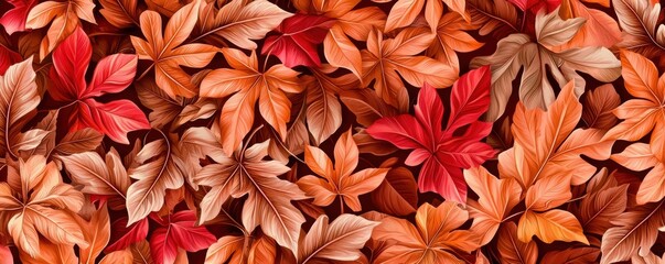 Fototapeta premium A vibrant assortment of autumn leaves in shades of red, orange, and brown, creating a rich, textured background that evokes the beauty of fall.
