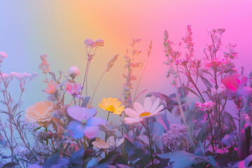 Minimal surrealism background with wildflowers in pastel holographic colors with gradient