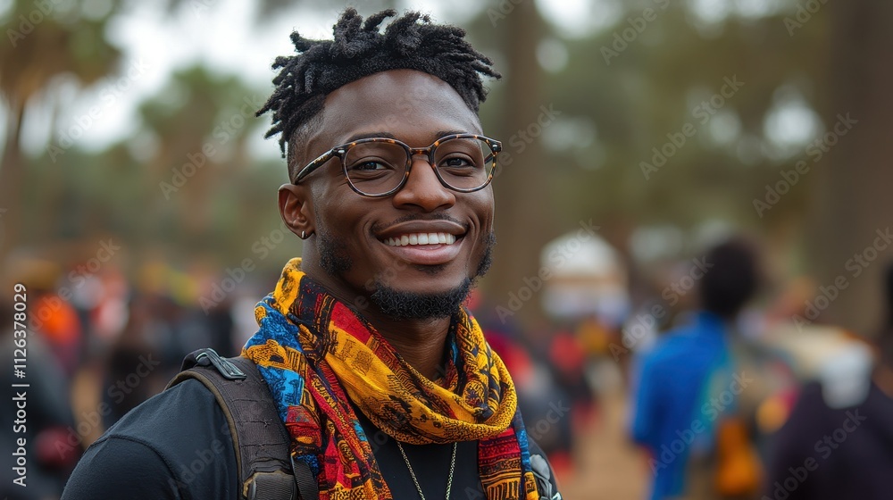 Poster a man with dreadlocks and glasses is smiling and wearing a colorful scarf. he is surrounded by a cro