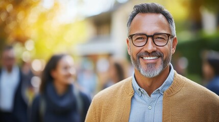 Obraz premium A man with glasses and a beard is smiling and wearing a yellow sweater. He is surrounded by people, some of whom are carrying backpacks