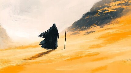 Lone Wanderer Crossing the Desert Sands with a Wooden Staff in Ink Artwork