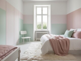 Light, cute and cozy home bedroom interior pastel color with empty wall background mockup.