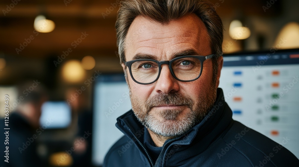 Poster a man with glasses is standing in front of a computer monitor. he is wearing a black jacket and he i