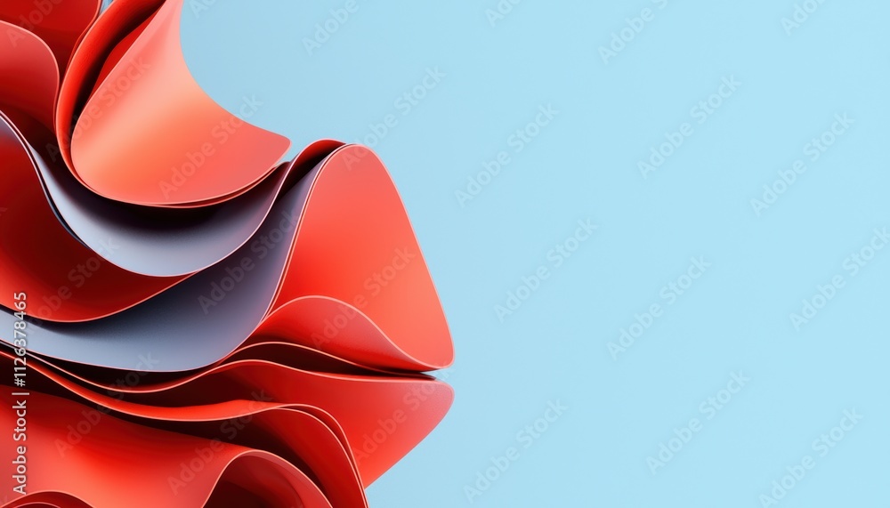 Poster a vibrant, abstract display of curved red and gray shapes against a light blue background, creating 