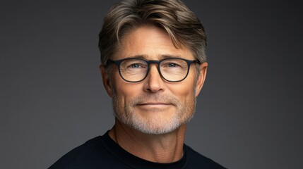Obraz premium A man with glasses is smiling and looking at the camera. He is wearing a black shirt and glasses