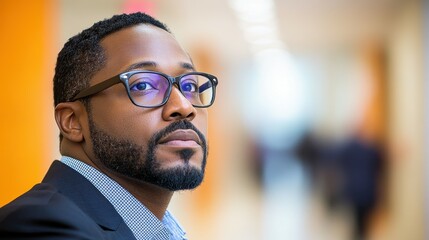 Obraz premium A man with glasses is standing in a hallway. He is wearing a suit and tie. The man is looking at something or someone