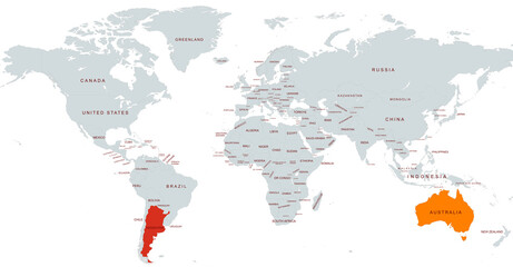 Obraz premium World Map Highlighting Australia and argentina in Colors