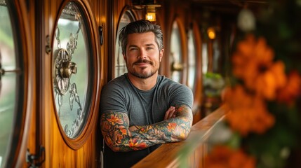 Obraz premium A man with tattoos on his arms stands in front of a window with a flower arrangement in the background
