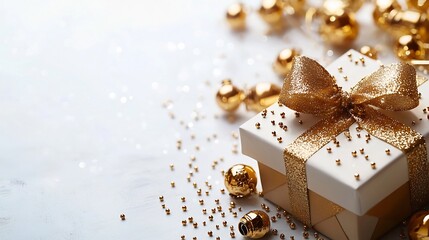 Minimalist Gift Box with Golden Bells on White Background