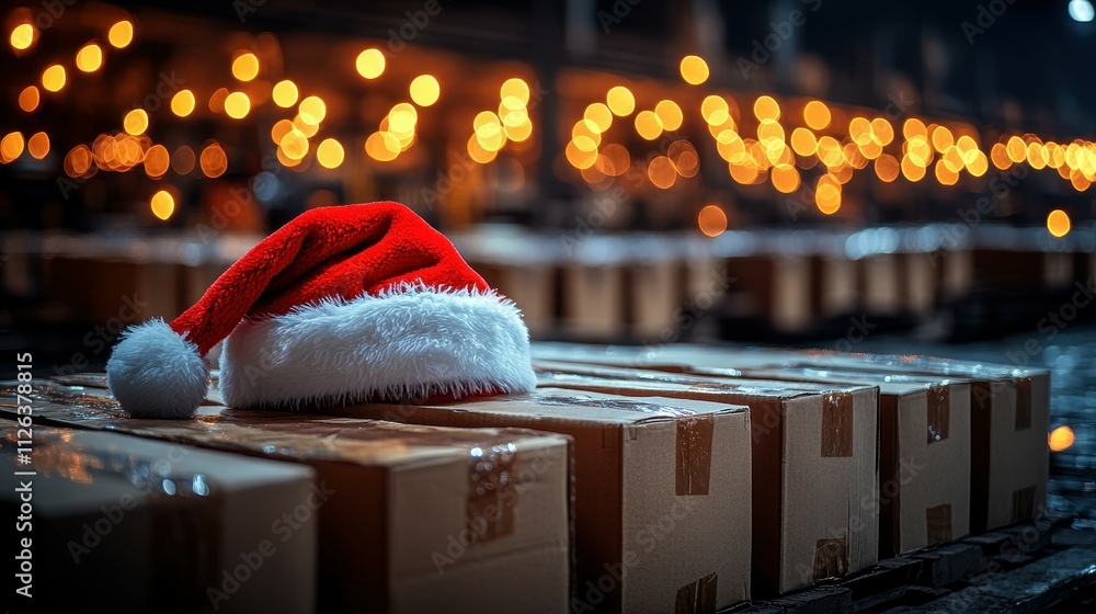 Poster a red santa hat is on top of a stack of cardboard boxes. the hat is placed on top of the boxes, and 
