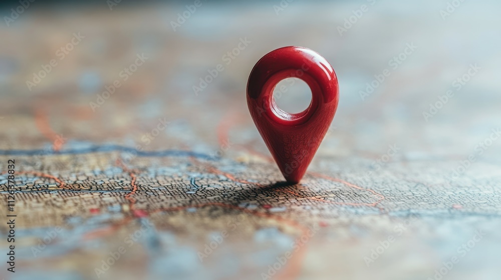 Aufkleber a red pin is placed on a map, indicating a specific location. the map is on a wooden surface, and th