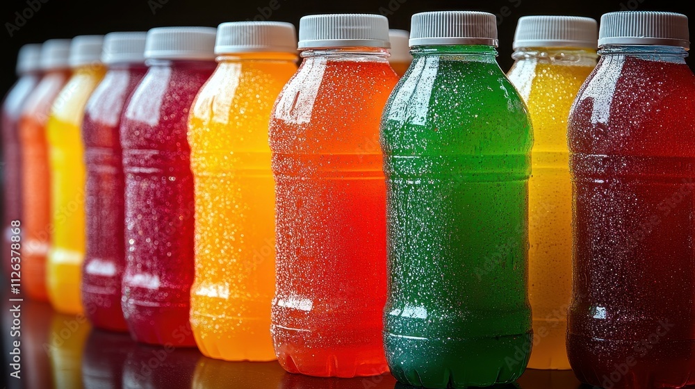 Poster a row of colorful bottles of soda with a white cap. the bottles are lined up in a row, with the firs