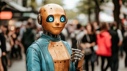 Obraz premium A robot is holding a spoon in a busy street. The robot is wearing a blue jacket and has a blue face. The robot is surrounded by people walking around. The scene is lively and bustling