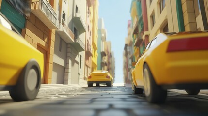 Fototapeta premium Yellow cars drive cobblestone street, colorful buildings.